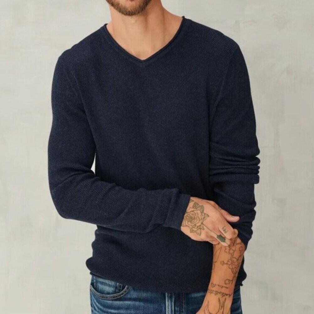LUCKY BRAND Mens Welterweight V-Neck Sweater Navy Blue Knit Lightweight Pullover